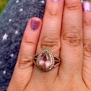 Rosa-De-Cora 2.55 carat, pear cut Morganite & White Sapphires, split shank band.